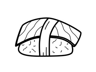 Nigiri sushi doodle icons. Vector illustration of sushi salmon and rice, Japanese cuisine.