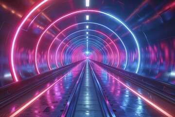 Witness the futuristic essence of a high-speed train racing through a tunnel with sleek design, motion blur, and neon lighting.