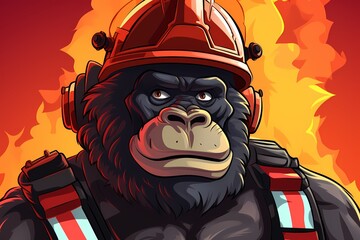 cartoon illustration, a firefighter gorilla