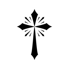 Black christian crucifix cross religion with light rays flat vector icon design