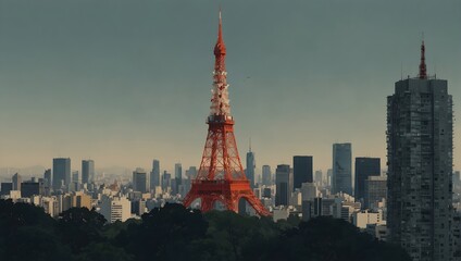 Modern minimalist collage illustration with a double exposure of Tokyo Tower in Japan, crafted in a contemporary style Generative AI
