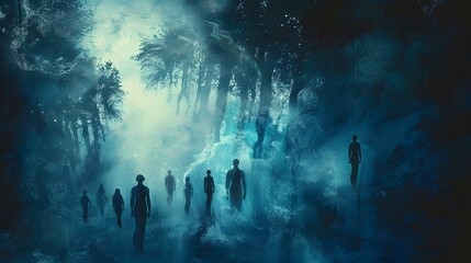 Whispers of Courage:Silhouetted Figures Facing Challenges in a Misty Forest Landscape