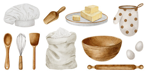 Set of kitchen utensil elements and baking ingredients flour, eggs, butter, spoon, bowl, rolling pin, whisk, scoop. Watercolor isolated hand drawn illustrations for food bloggers, recipes