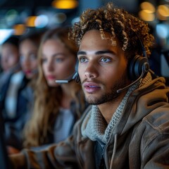 A customer service person using earphones works professionally in front of a computer screen, always ready to receive complaints and respond to customer questions, loyal to the company