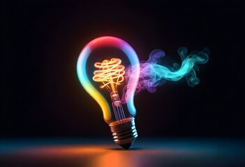 A colorful glowing light bulb with smoke swirling around it against a dark background - obrazy, fototapety, plakaty