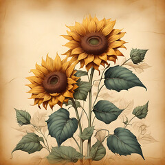 sun flower in parchment paper background
