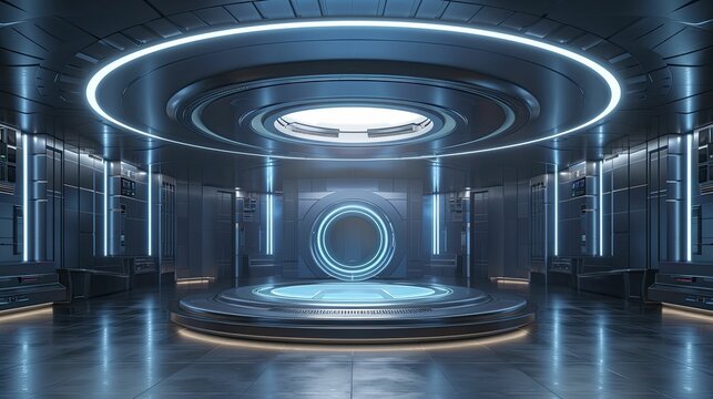 Explore the cutting-edge simplicity of a futuristic particle accelerator in a modern, tech-driven environment.