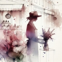 florist in flower shop in watercolor illustration with Generative AI.