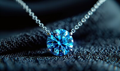 A close-up of an electric blue diamond necklace on a black cloth, a fashionable accessory that shines like water in an urban cityscape