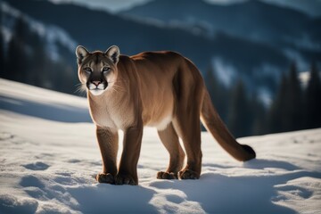 'puma mountain lion portrait winter cougar mountains tree cold snowfall natural summit white travel...