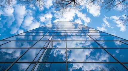The towering business building mirrors the serene sky above, creating a mesmerizing reflection that captivates passersby.