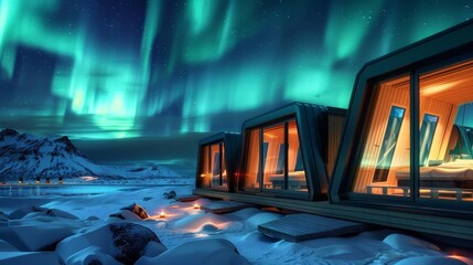 A row of sleek and stylish cabins with floortoceiling windows showcasing the stunning Aurora Borealis dancing above in all its glory. 2d flat cartoon.