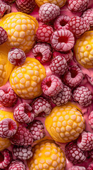 closeup of yellow frozen  fruits and red raspberry 