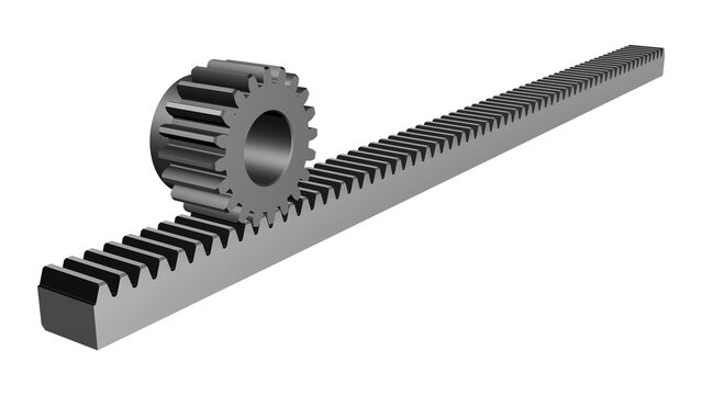 Gear rack and pinion. Straight teeth. Machine parts. 3D render illustration