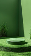 green grass podium in an empty room 