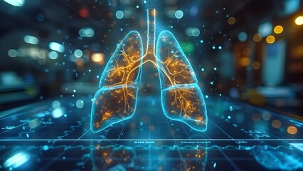 Display holographic lung cancer treatment for educational purposes. Concept Holographic Visualization, Medical Education, Lung Cancer Treatment, Advanced Technology - obrazy, fototapety, plakaty