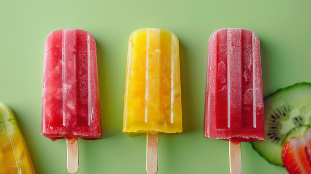 Three colorful popsicles in red, yellow, and pink on a green background, possibly fruit-flavored, with fresh fruit slices nearby. - Powered by Adobe
