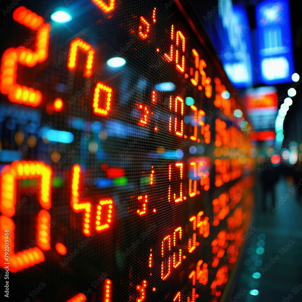 Canvas Prints electronic stock market display board showing financial data with blurred lights and urban backgroun