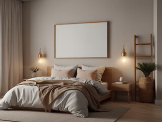 Fototapeta na wymiar Mockup frame in light cozy and simple bedroom interior background, 3d render