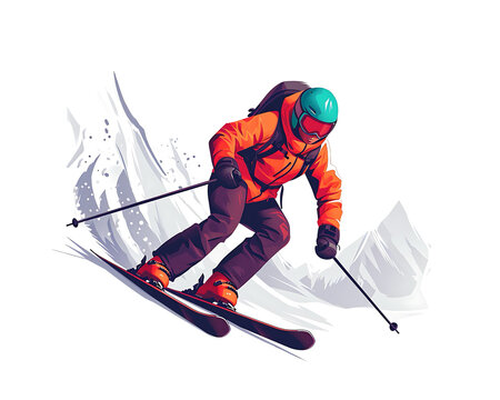 skier skiing down mountain, orange jacket, teal helmet clip art preview