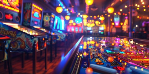 Obraz premium retro pinball arcaderows of flashing machines and colorful lights