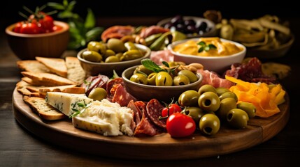 A wooden platter holds a delectable spread of olives, cheese, and bread in a mouthwatering display of colors and textures