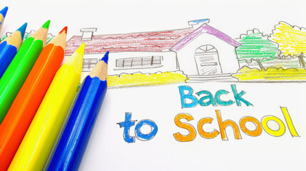 Colorful drawing of a school with the words "Back to School" and an array of colored pencils alongside.