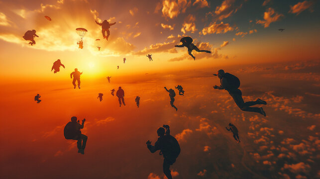 Group of adventure enthusiasts sky diving at sunrise with parachutes