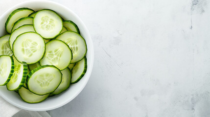 Cucumber slices in a white bowl on a white table, aerial view, space on the right