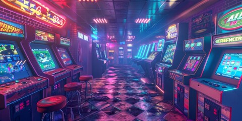 Naklejka premium retro arcade roomvintage arcade games and neon lights