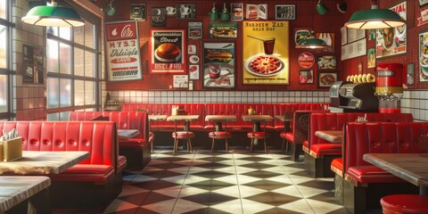 retro themed pizzeriared vinyl booths and checkered floors