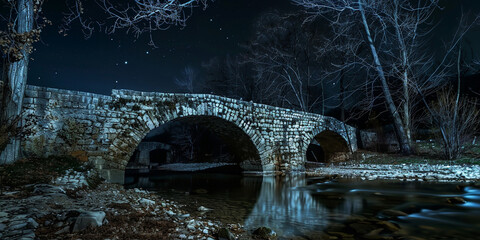 stone bridge at the night. under exposure photo. medieval concept. - obrazy, fototapety, plakaty