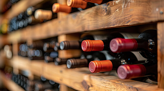 An assortment of aged wine bottles stored in a rustic wooden wine rack, highlighting the charm and history of a well-stocked cellar