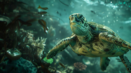 A sea turtle is swimming through water speckled with light, flanked by aquatic plants and small fish, evoking a sense of underwater serenity.