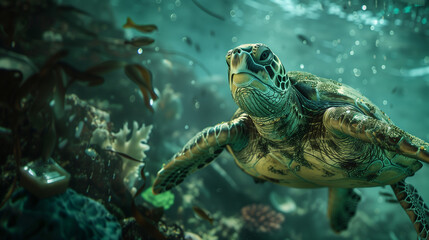 Obraz premium A sea turtle is swimming through water speckled with light, flanked by aquatic plants and small fish, evoking a sense of underwater serenity.
