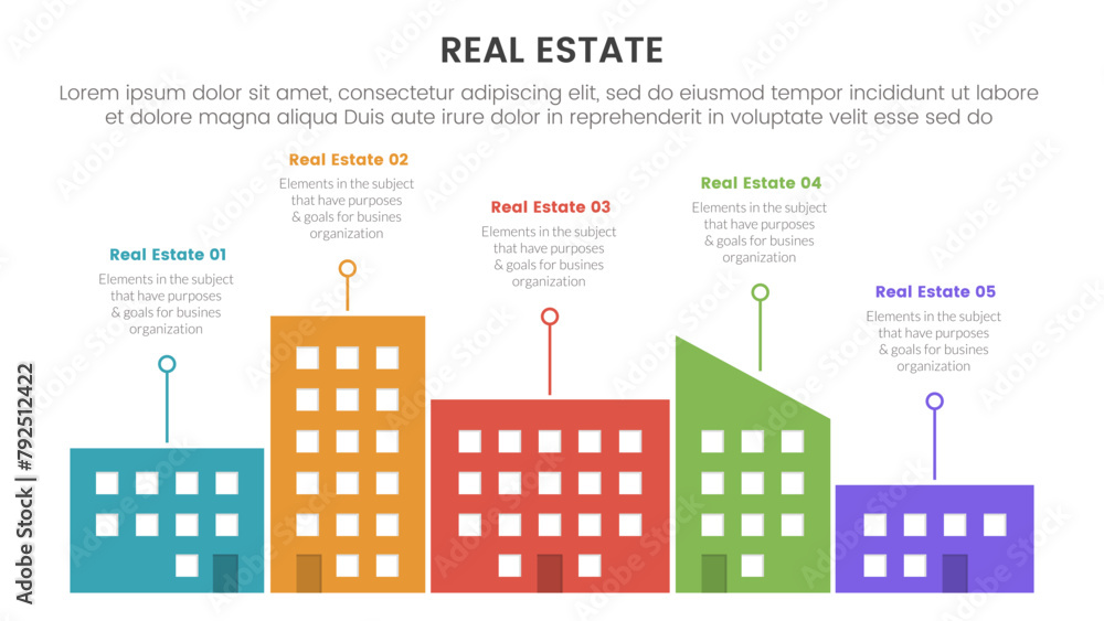 Poster real estate property infographic template banner with high skyscraper city building line description
