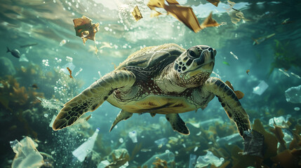 Obraz premium A sea turtle swims amidst a murky underwater landscape cluttered with plastic waste, casting a spotlight on the dire issue of ocean pollution.