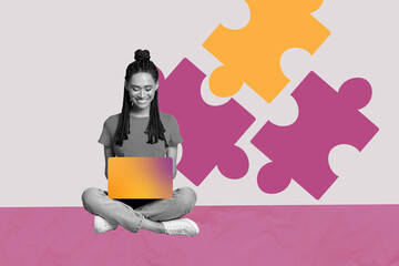 Sketch image composite trend artwork 3D photo collage of silhouette young hardworking lady hold laptop slove puzzle creative thinking - obrazy, fototapety, plakaty