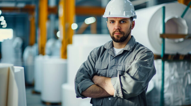 Confident worker in hard hat at paper mill