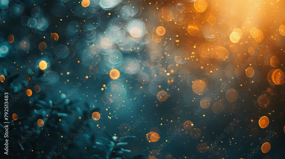 Poster abstract background with blue and orange bokeh light particles and subtle foliage suggesting dreamy 