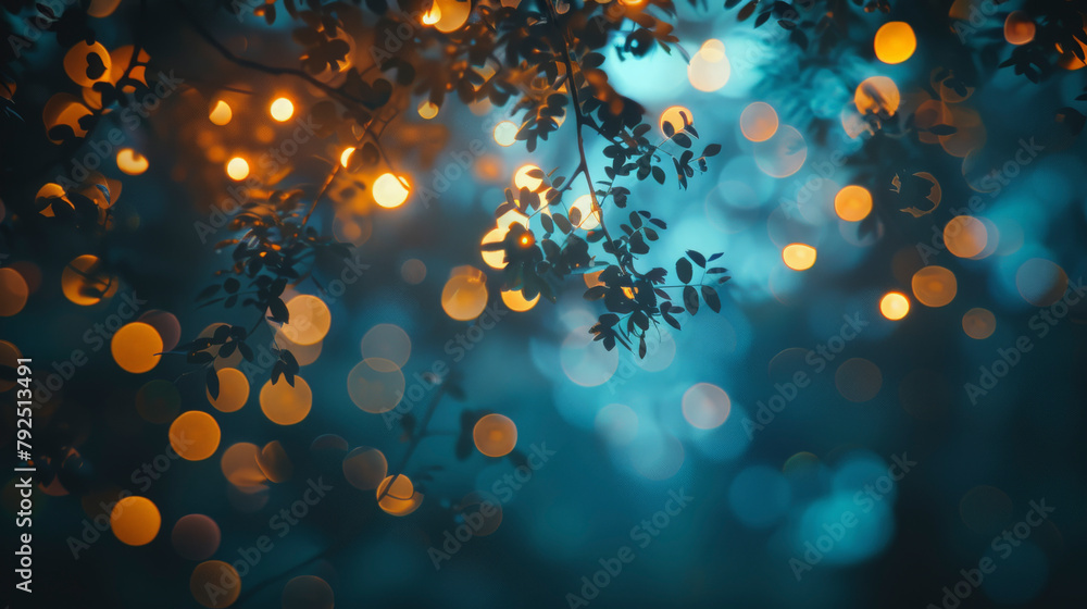 Poster twilight hues with out-of-focus lights creating a bokeh effect behind silhouetted leaves on a serene