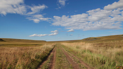 A road running through grassyland under a blue sky -