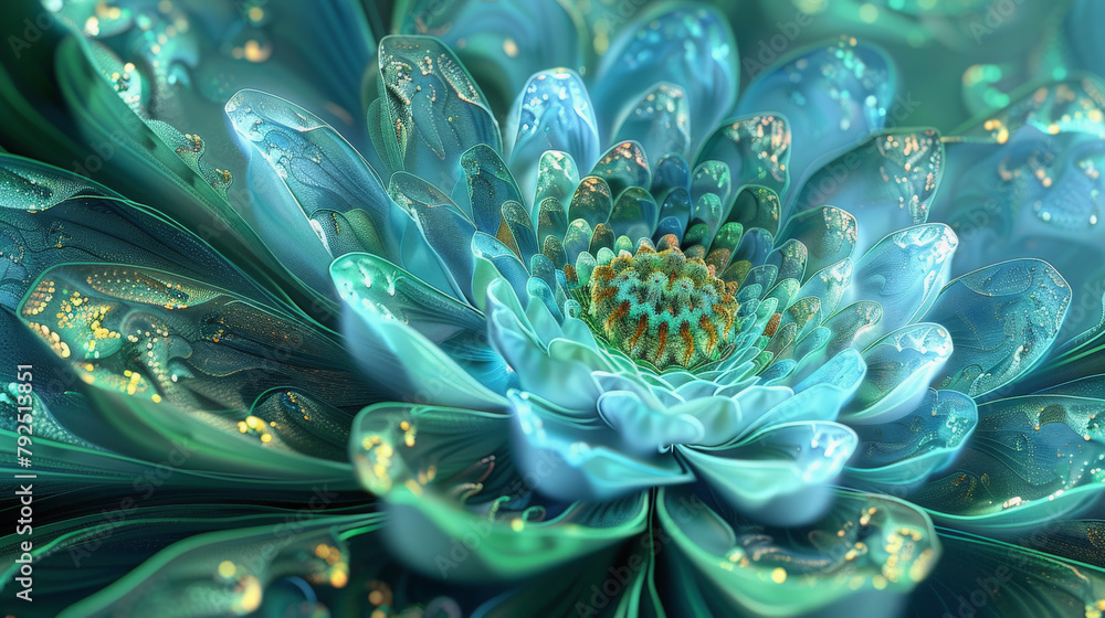 Aufkleber digital art of a fractal flower with intricate patterns in shades of blue, creating a mesmerizing ab