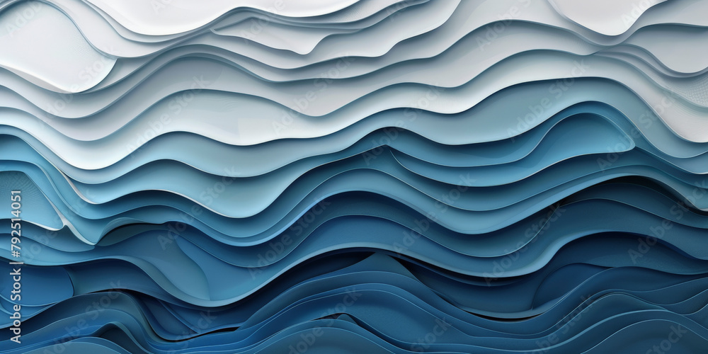 Poster abstract blue waves pattern resembling stylized layers or topographical lines in a 3d paper art styl