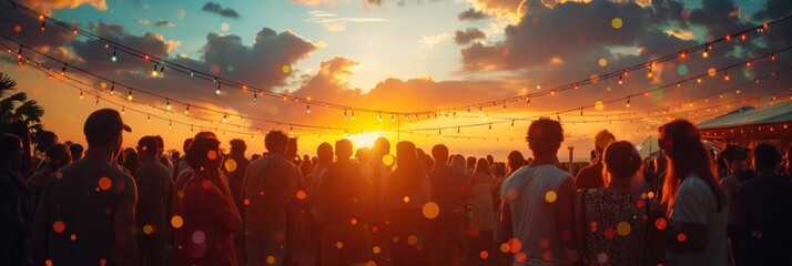vibrant sunset over a summer festival, silhouettes of people dancing, colorful festival lights, and stalls in the background 
