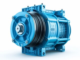 Side view of a modern industrial electric motor with vibrant blue color isolated on a white background.