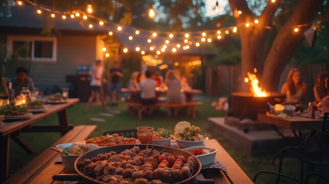 summer backyard barbecue party, adults grilling and chatting, kids playing in the background, tables laden with summer dishes and cold drinks, all under string lights as the sun sets