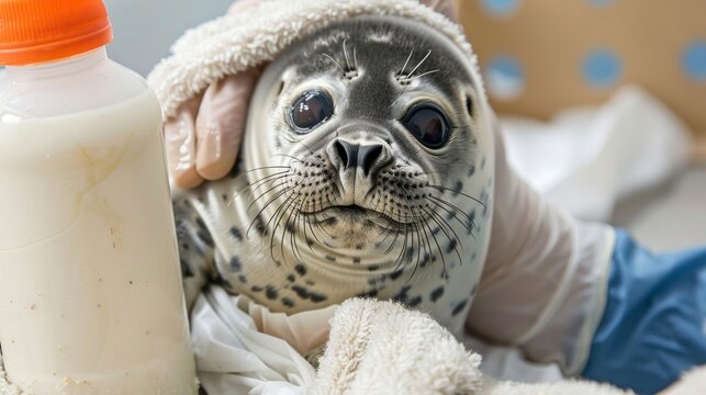 Closeup of a young seal pup being carefully handfed by a wildlife rehabilitator with a bottle of formula in hand and a soft blanket wrapped around the pup. .