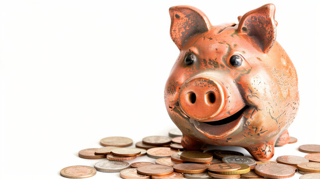 A smiling and cute piggy bank with many coins 