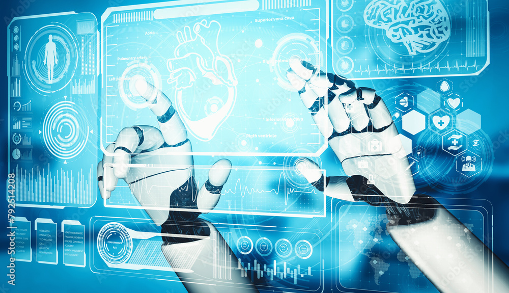 Poster mlb 3d rendering medical artificial intelligence droid robot working in future hospital. futuristic 